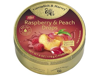 CAVENDISH AND HARVEY FILLED RASPBERRY&PEACH DROPS TIN 175G