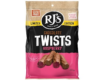 RJ'S CHOCOLATE COVERED RASPBERRY TWISTS 250G 