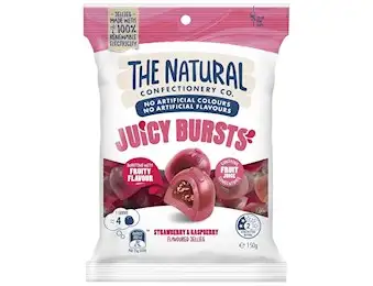 The Natural Confectionery Co JUICY BURSTS STRAW/RASPBERRY 150GX12