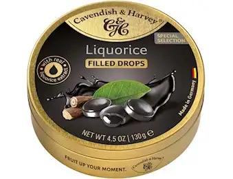 CAVENDISH AND HARVEY FILLED LICORICE DROPS TIN 175G