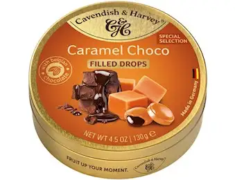 CAVENDISH AND HARVEY FILLED CARAMEL CHOC DROPS TIN 175G