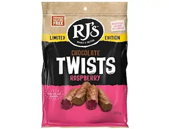 RJ'S CHOCOLATE COVERED RASPBERRY TWISTS 250G 