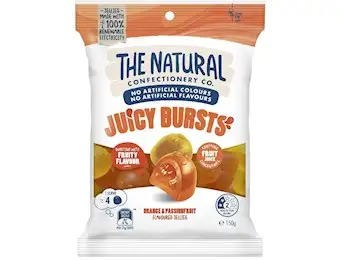 The Natural Confectionery Co JUICY BURSTS ORANGE&PASSIONFRUIT 150G