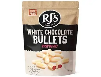 RJ'S WHITE CHOCOLATE RASPBERRY BULLETS 200G X12